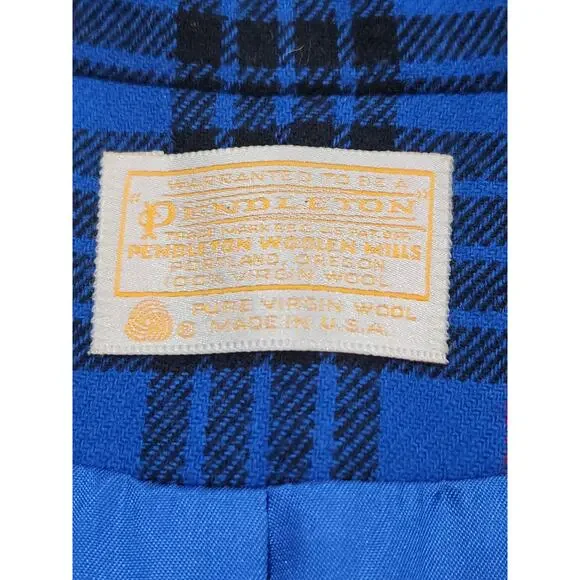 Pendleton Blue Plaid 100% Wool Blazer Gold Crest Buttons Made USA Women’s 14 - Picture 2 of 8